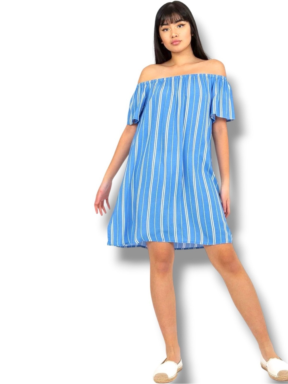 Fresh Made Blue and White Off-Shoulder Stripe Shift Short Sleeve Mini Dress